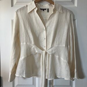SOLD Nice+Zoe Linen and Silk Cream Blouse Button Up with Tie